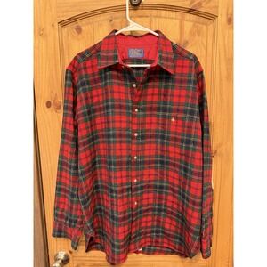 Pendleton Wool Plaid‎ Shirt Red Green Elbow Patches USA Vintage Academia M